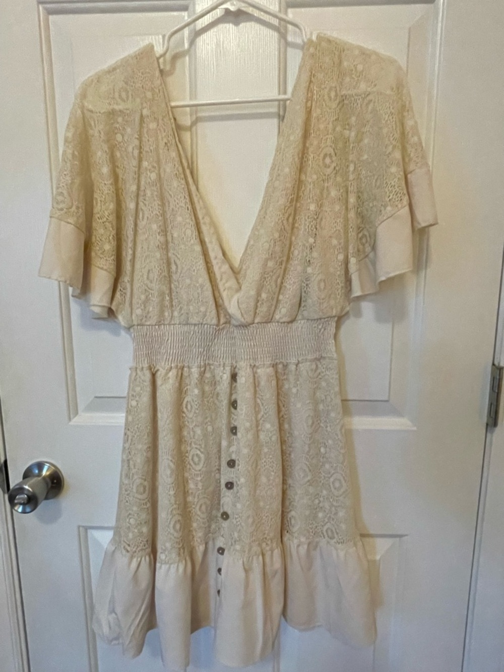 Cream Lace V-Neck Flutter Sleeve Dress